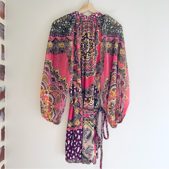 Alice+Olivia Lilian Paisley Long Sleeve Belted Mini Dress In Desire Multi Combo - Picture 2 of 10